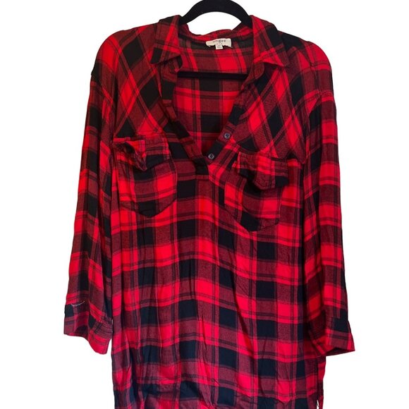 Red & Black Plaid Button-Up Tunic Blouse By Umgee M Frayed Hem 100% Rayon Made I - Picture 1 of 6